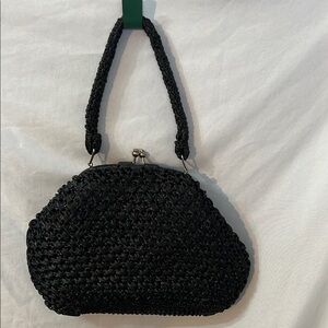 Vintage Elegant Black Straw Celephane Woven Handbag 1950s Made in Japan